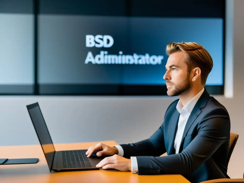 Administrador de aplicaciones web BSD: Profesional enfocado Administrador de aplicaciones web BSD revisando código con atención en una oficina moderna
