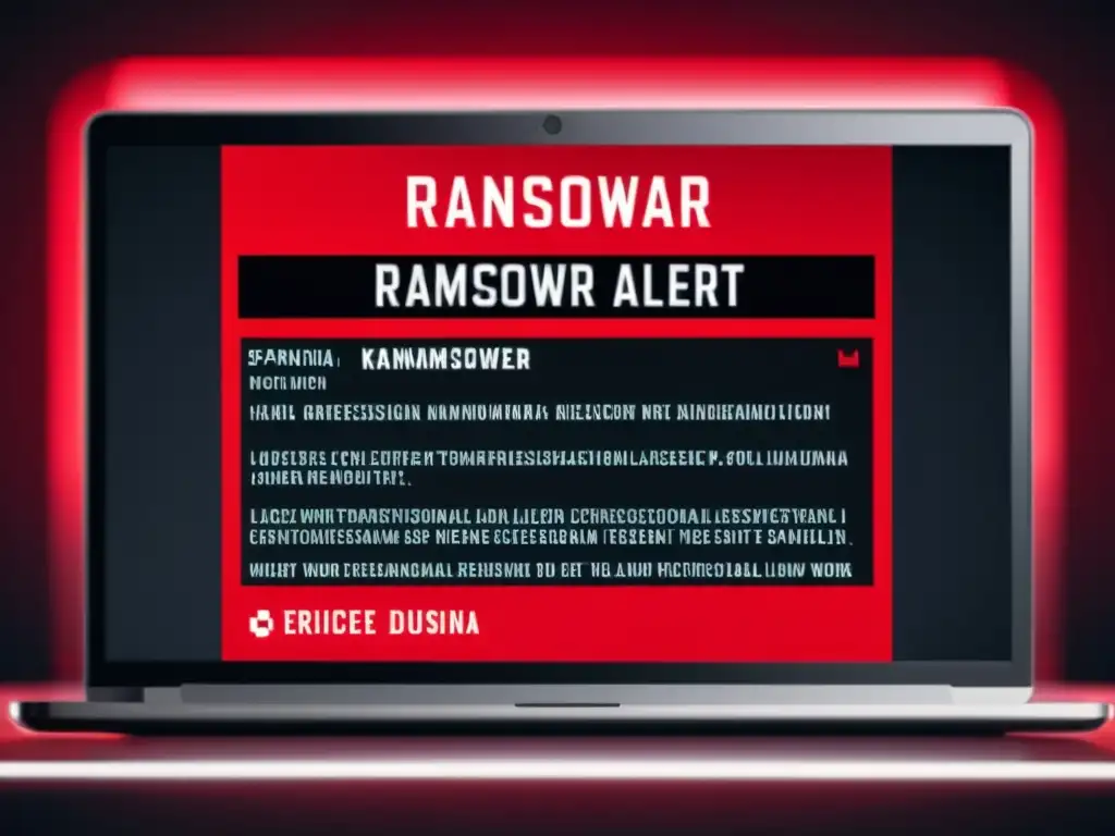 Alerta de ransomware en pantalla de computadora Linux con usuario preocupado en fondo borroso