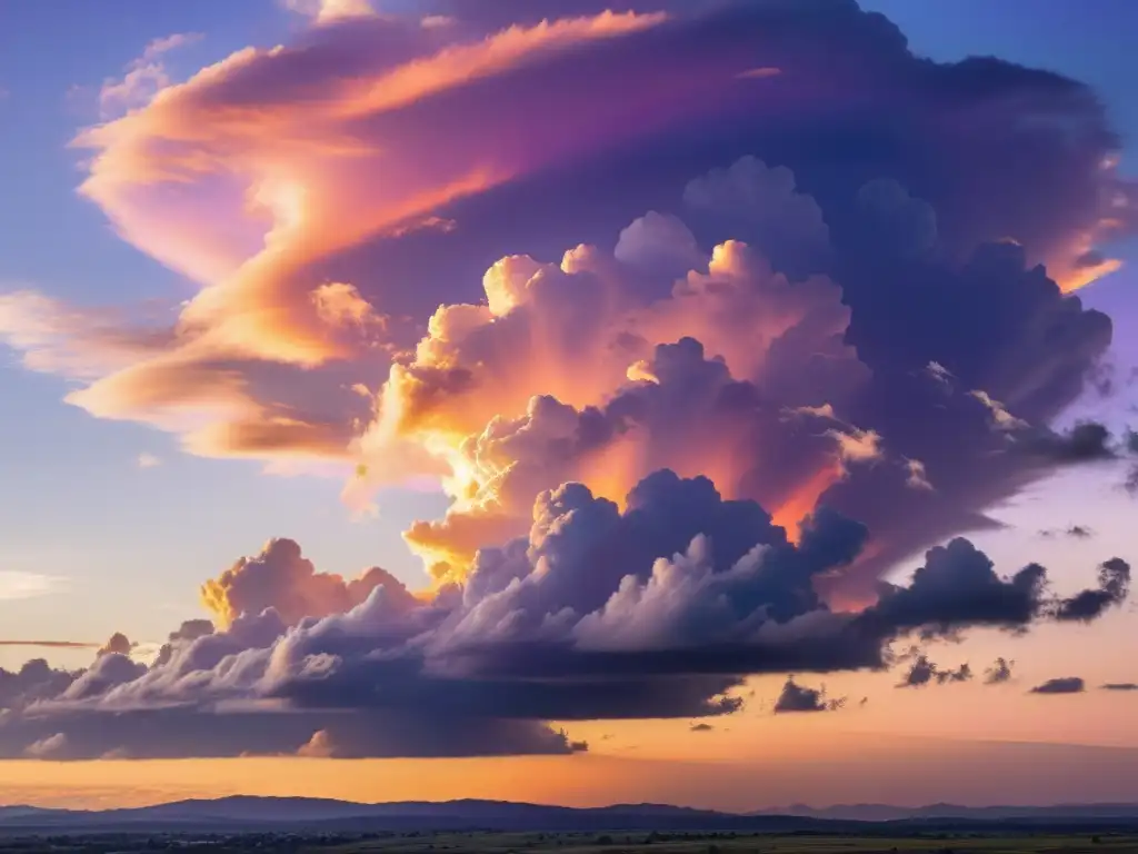 Transformación del almacenamiento en la nube: Cielo vasto con nubes rosadas, anaranjadas y moradas iluminadas por el sol, sobre un paisaje ondulado