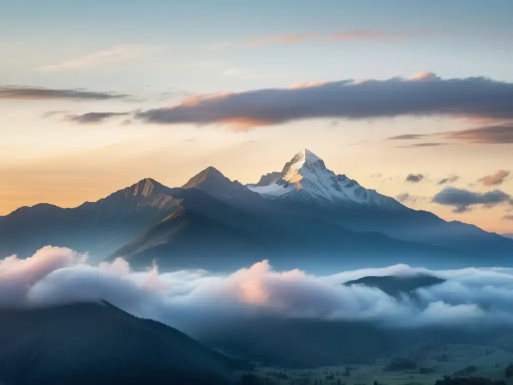 Un amanecer dorado ilumina montañas envueltas en niebla, creando un paisaje soñador