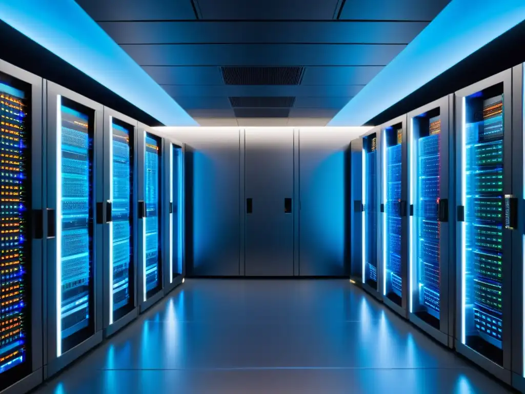 Centro de servidores: Tecnología avanzada y futurista Un ambiente futurista con servidores organizados y luces parpadeantes, reflejando la virtualización en cloud computing Linux BSD