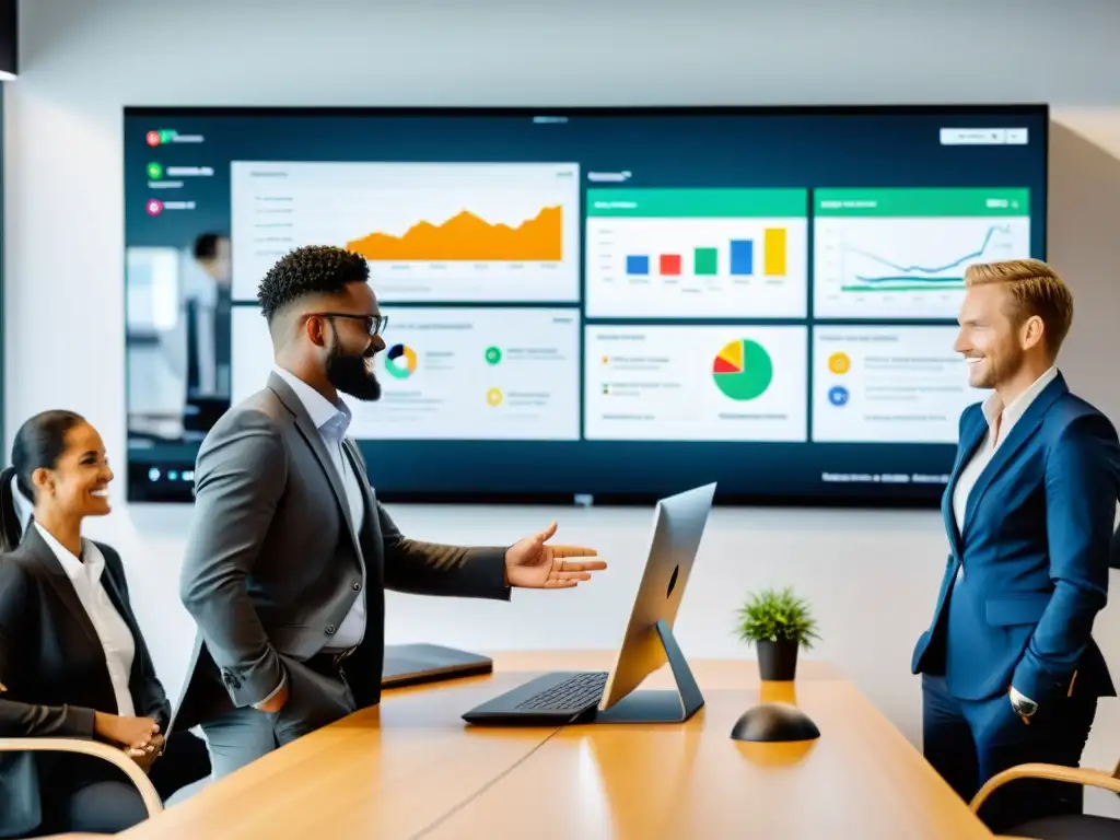 Profesionales colaborando en un ambiente moderno Un ambiente de oficina moderno y dinámico con profesionales trabajando juntos en un sistema operativo alternativo, utilizando CRM