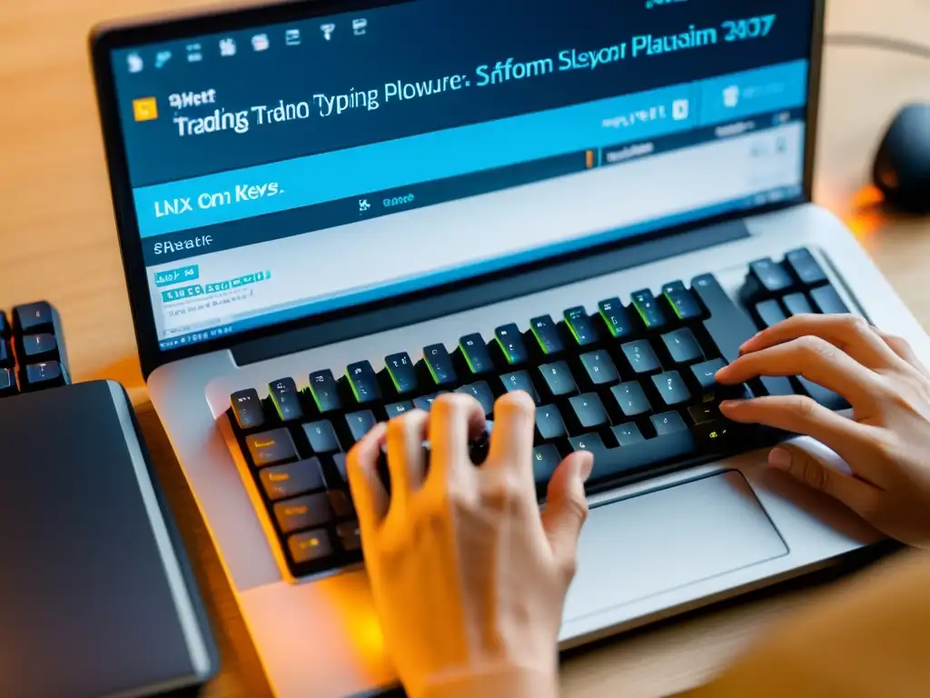 Un ambiente profesional y enfocado: manos sobre un teclado con una interfaz de plataforma de trading para Linux en la pantalla, iluminado suavemente