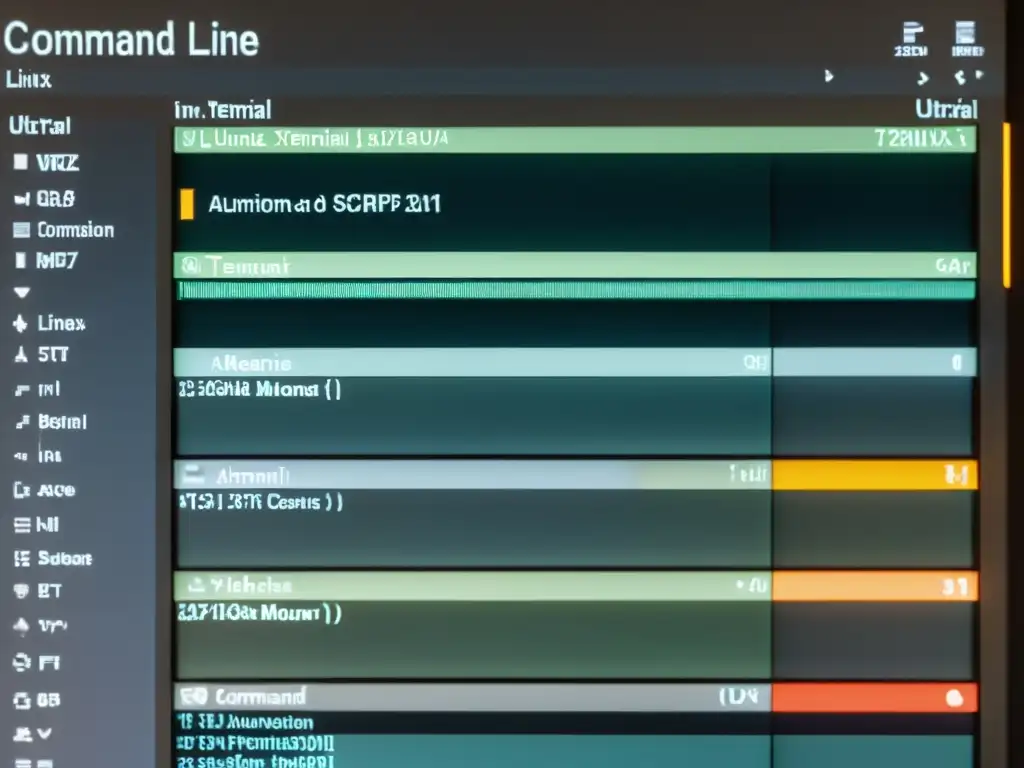 Automatización de scripts en terminal Linux: precisión y eficiencia Un ambiente profesional de automatización en Linux en una interfaz de comandos, con scripts complejos en ejecución