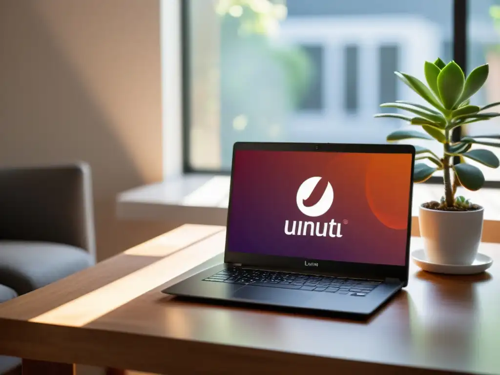 Un ambiente profesional con laptop Linux Ubuntu, café y planta, iluminado por luz natural