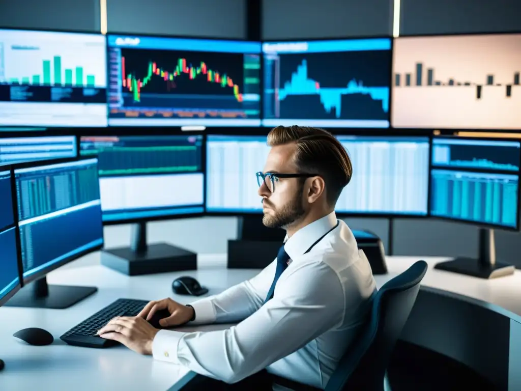 Un ambiente profesional de trading con múltiples pantallas de plataforma de trading y datos financieros