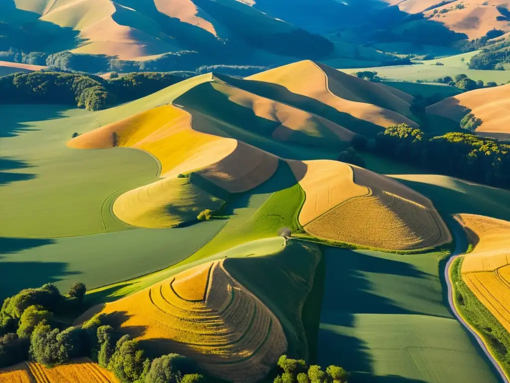 Amplia vista aérea de un paisaje natural sereno con colinas onduladas y cielo azul