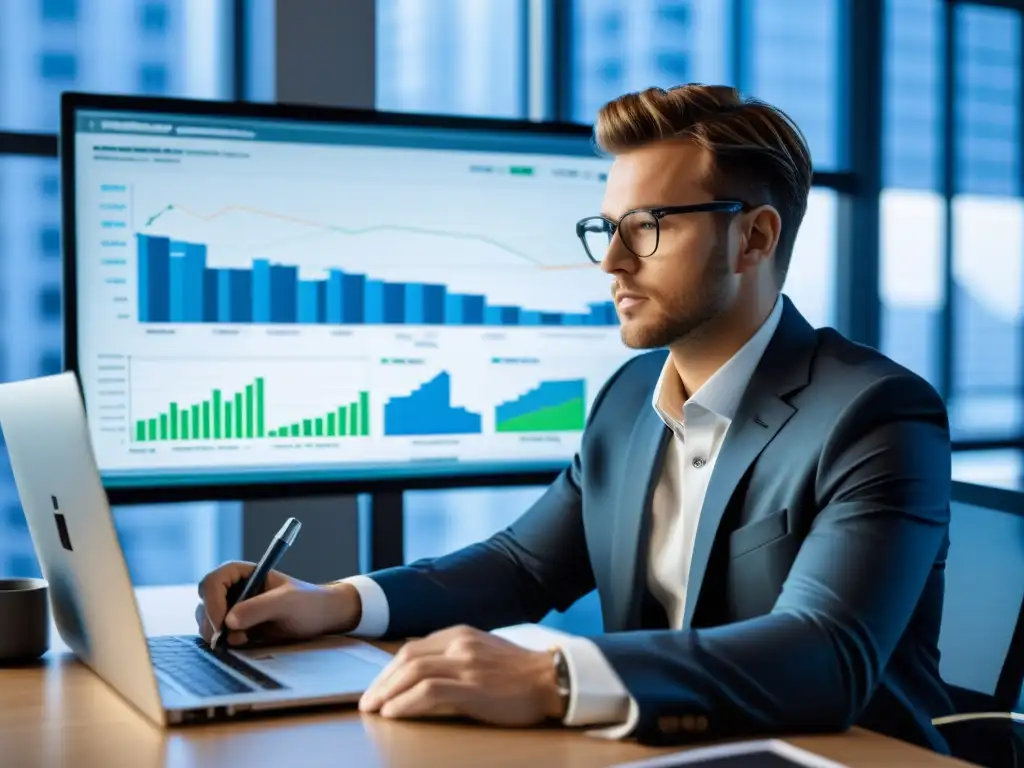 Analista financiero concentrado en moderna oficina Un analista financiero concentrado estudia gráficos en un ordenador en una oficina moderna, con herramientas de gestión financiera BSD cerca