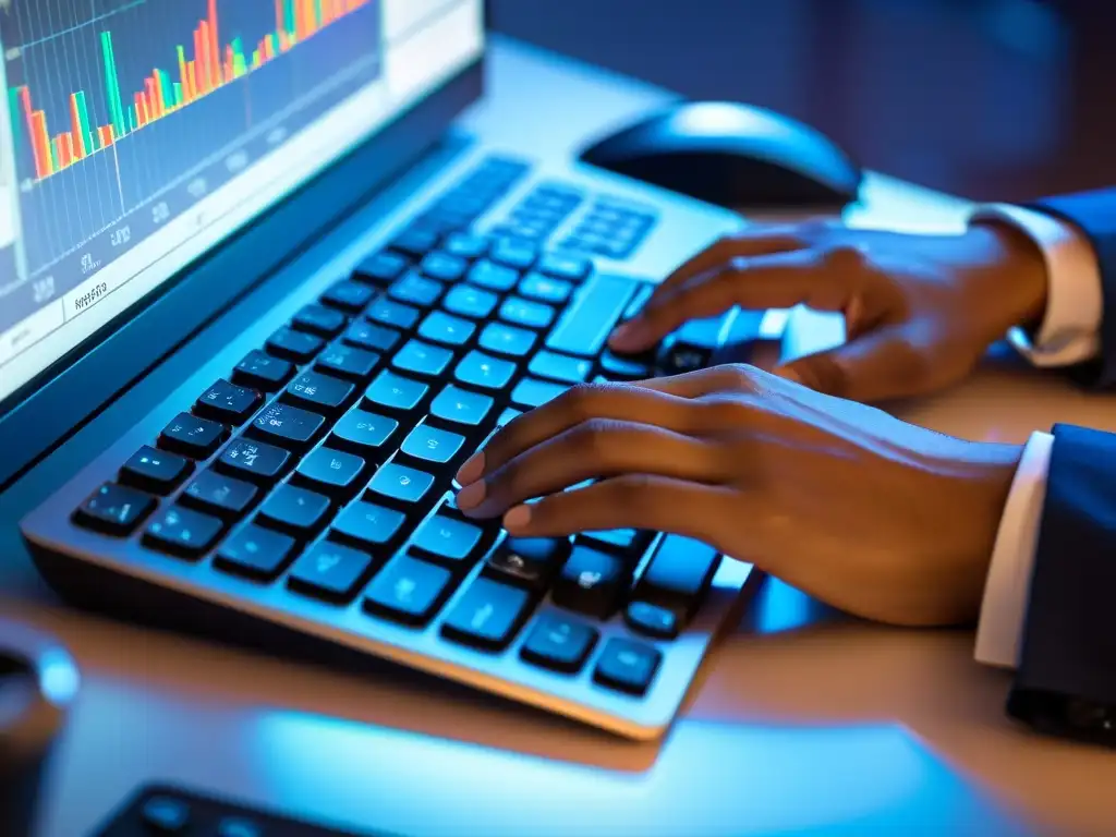 Analista financiero: precisión en acción Un analista financiero teclea con precisión en un elegante teclado, mostrando su enfoque y eficiencia