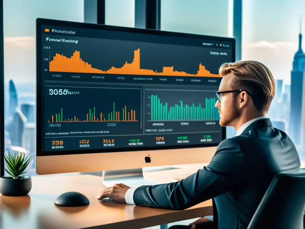 Analista financiero usando software de gestión Un analista financiero utiliza Herramientas de gestión financiera BSD en una oficina moderna con vistas a la ciudad