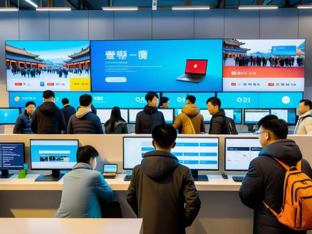 Animado mercado chino con exhibición de Deepin puertas mercado chino en pantalla, reflejando la escena tecnológica local