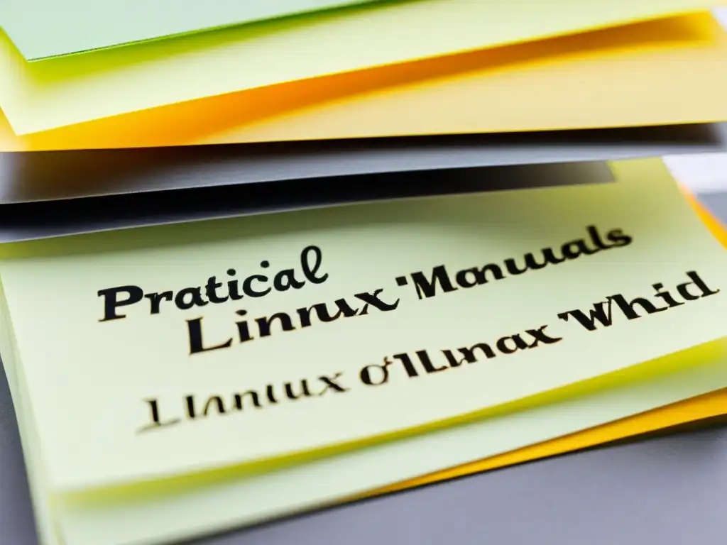 Manuales Linux: Sabiduría Anotada Un apilado detallado y desgastado de manuales Linux con anotaciones, sobre fondo blanco