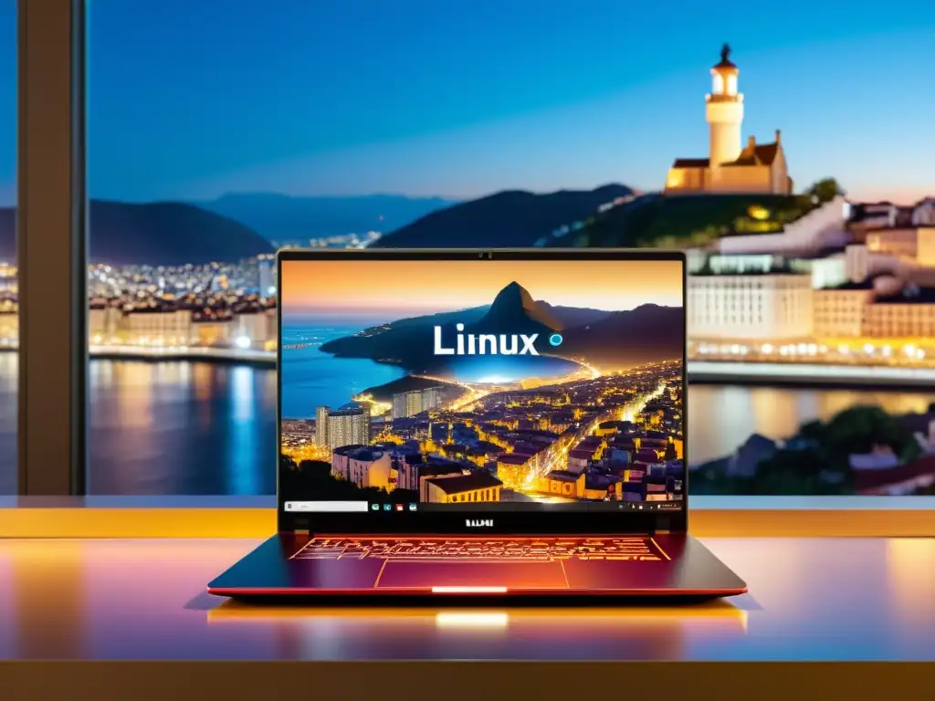 Ejecutar aplicaciones de Windows en Linux: Laptop moderno en el atardecer de la ciudad con Windows y Linux en pantalla