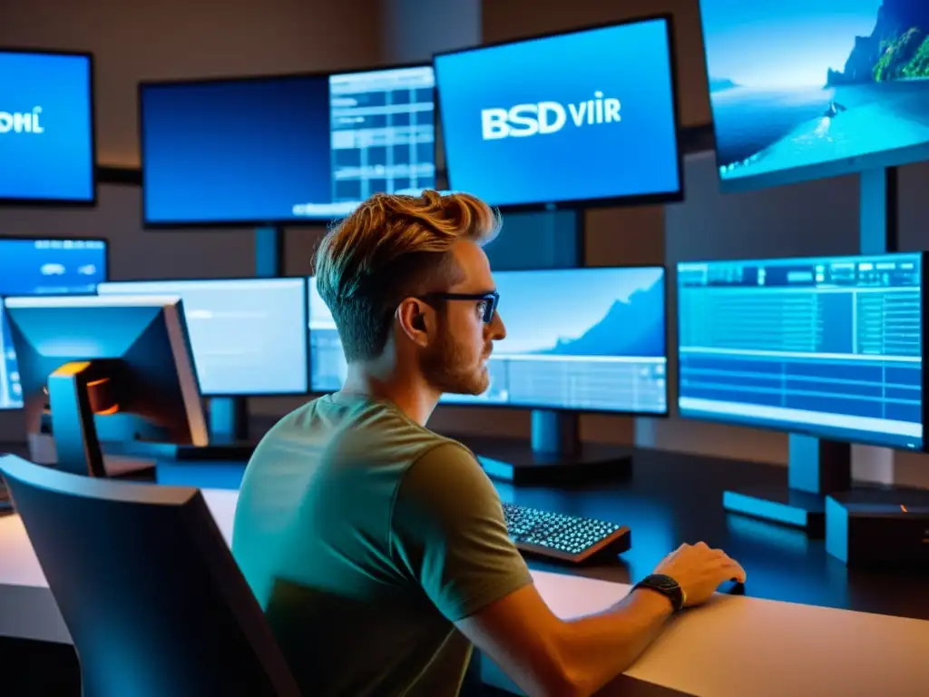 Un artista de CGI trabaja en un complejo modelo 3D, rodeado de monitores que muestran efectos visuales e software de renderizado
