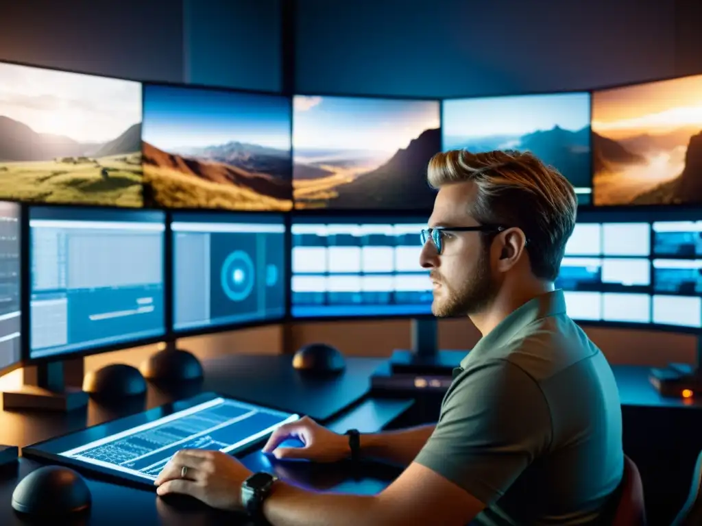 Un artista VFX profesional ajusta con precisión el renderizado CGI rodeado de monitores, potenciando efectos especiales con BSD