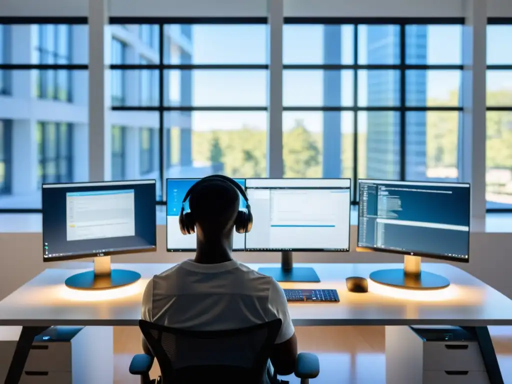 Una atmosfera profesional y productiva mientras una persona trabaja en una estación de trabajo moderna, rodeada de monitores y dispositivos