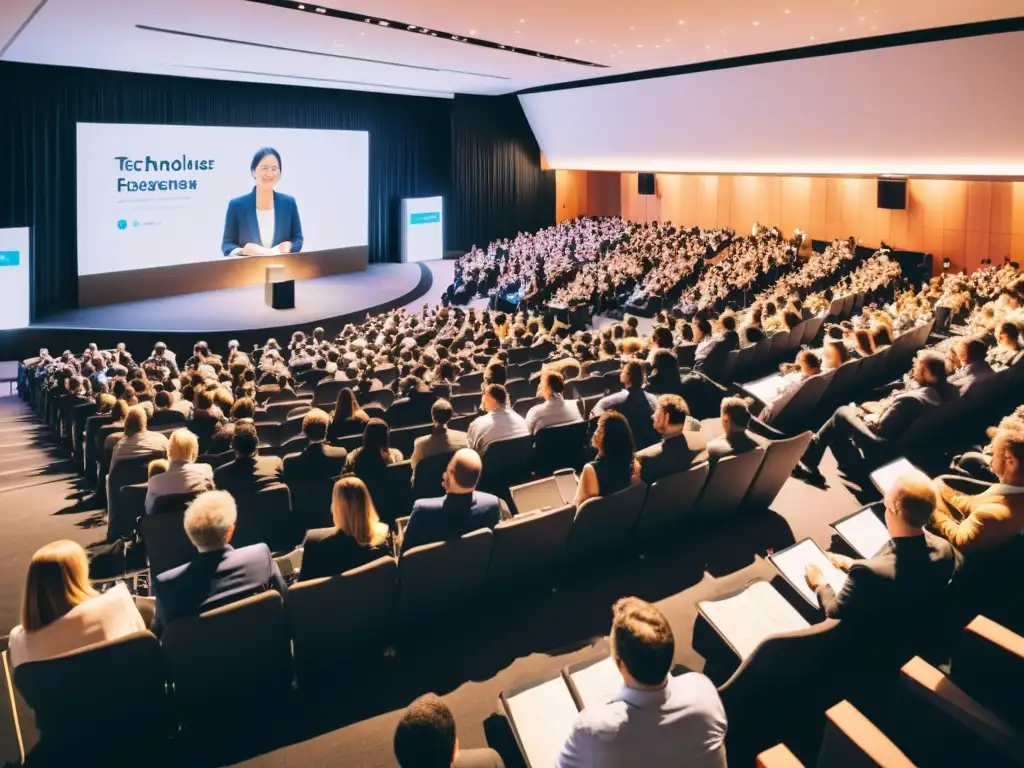 Un auditorio lleno de asistentes participando en un evento tecnológico