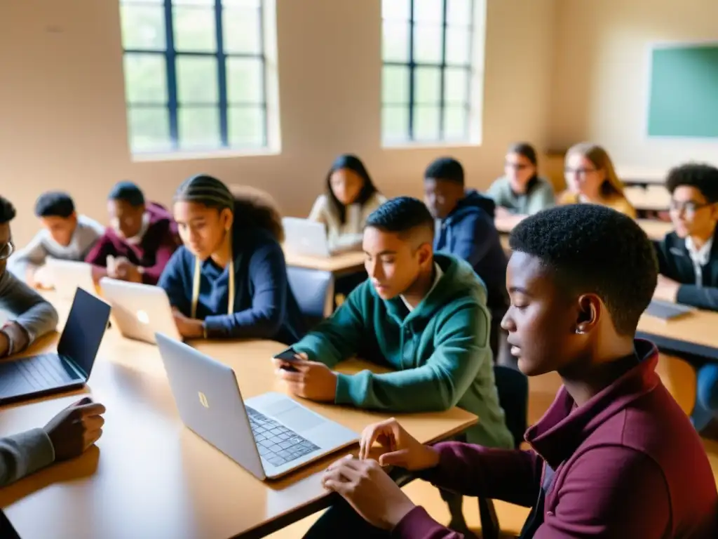 Un aula llena de estudiantes diversos inmersos en dispositivos digitales, colaborando en un proyecto con software educativo de código abierto