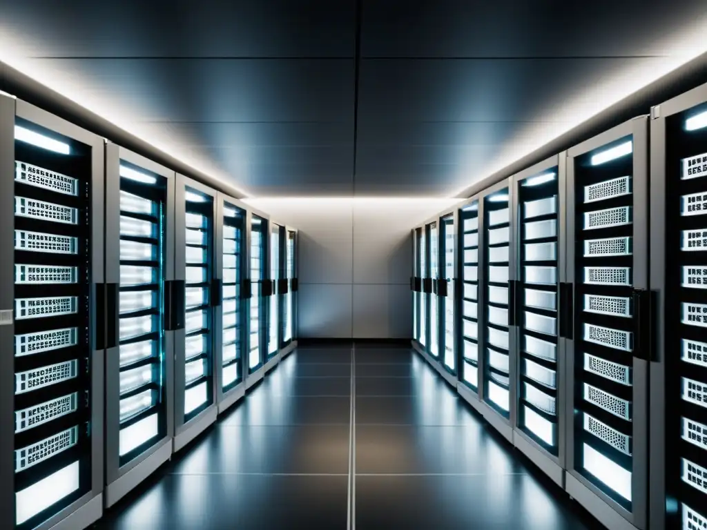 Una fotografía en blanco y negro de una sala de servidores con equipos ordenados y luces tenues que resaltan la precisión tecnológica