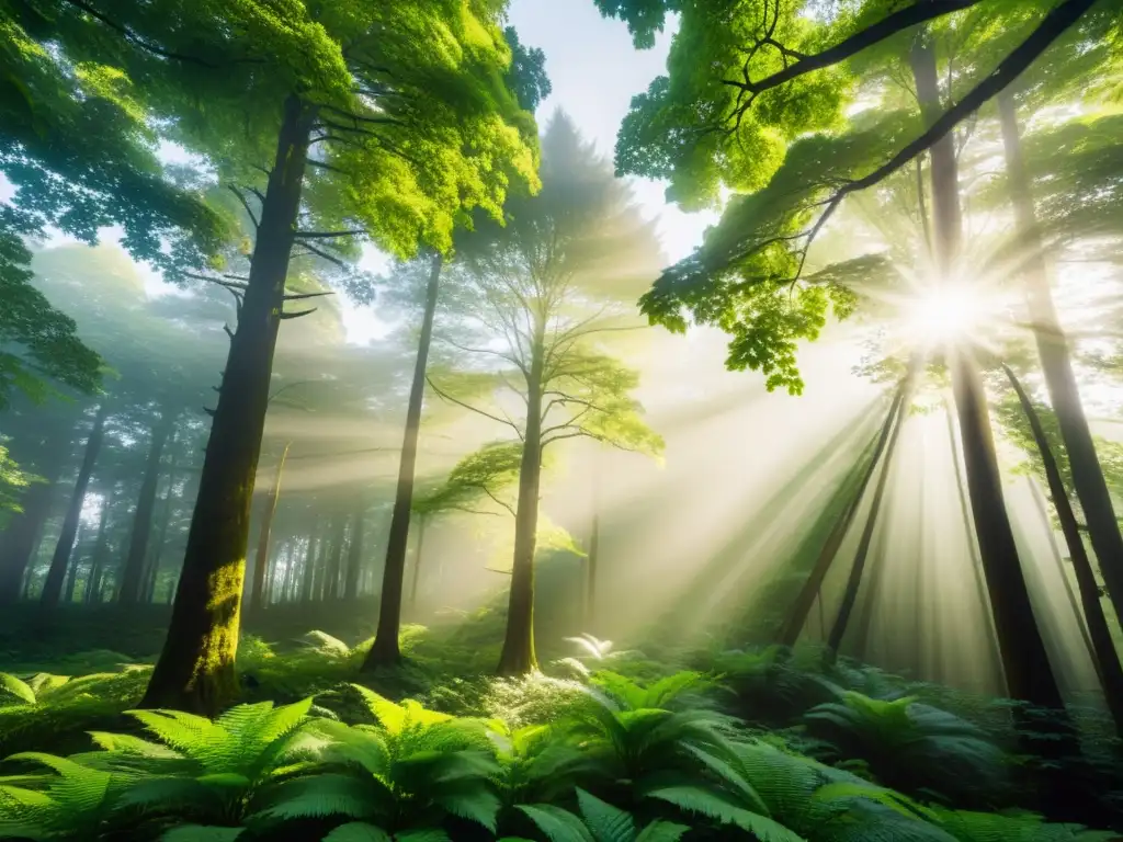 Un bosque exuberante y sereno, con árboles altos y vibrante vegetación, irradiando paz y belleza natural