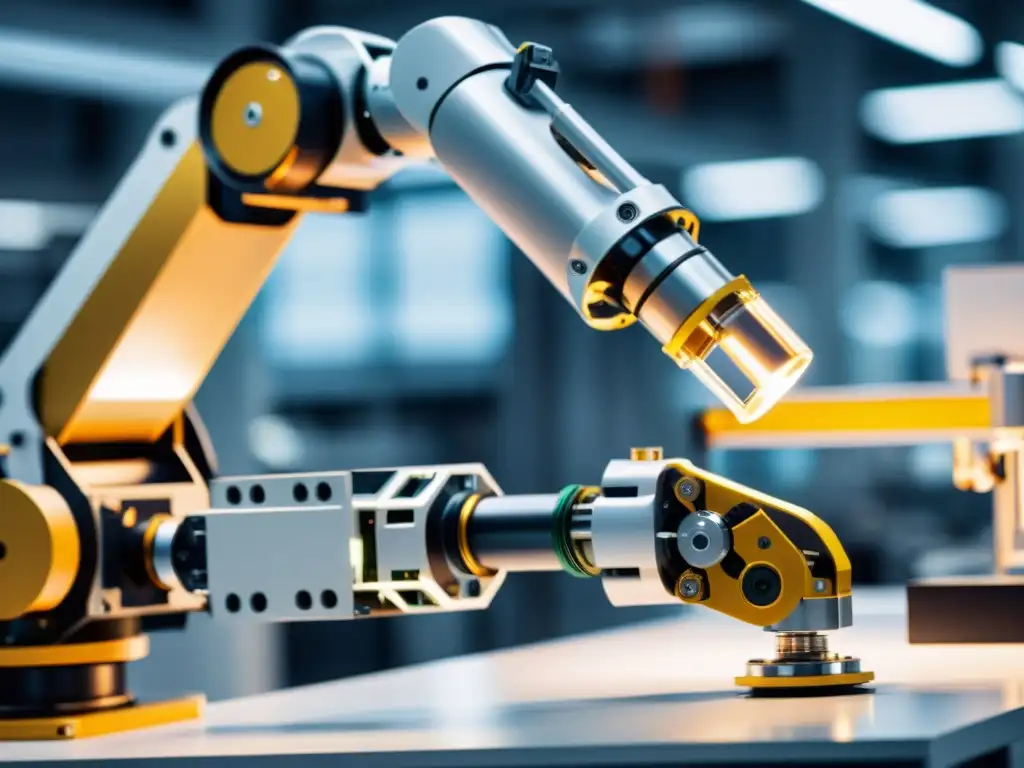 Robótica de precisión ensambla componentes electrónicos en fábrica moderna Un brazo robótico ensamblando componentes electrónicos en una fábrica moderna