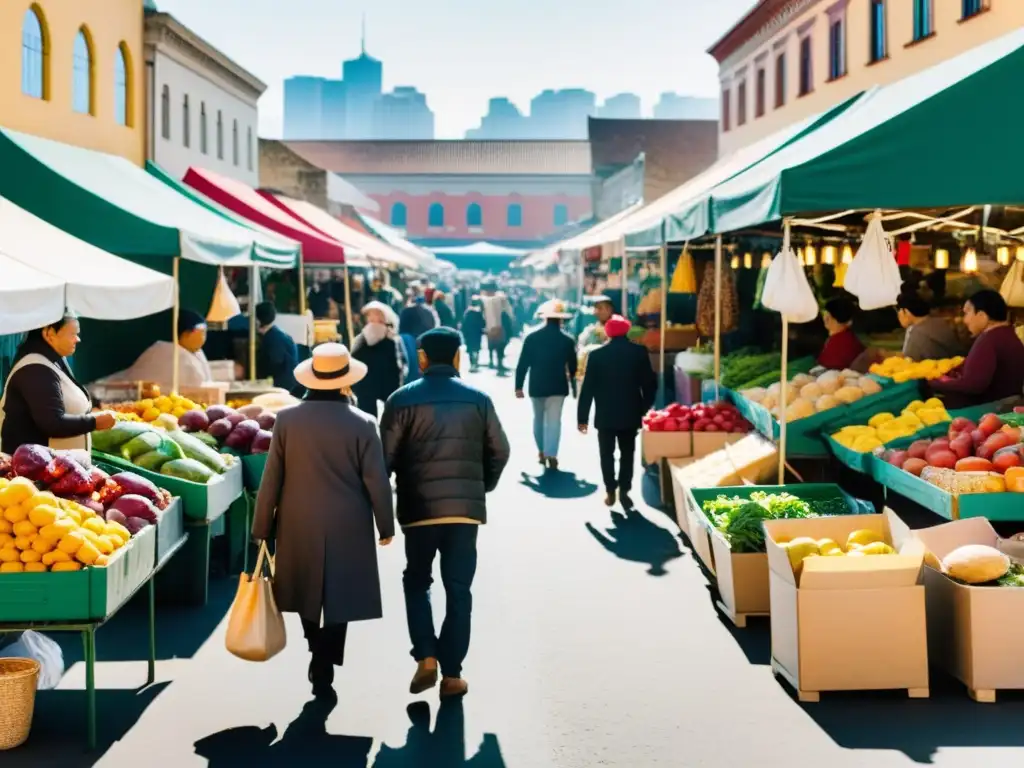 Una bulliciosa feria al aire libre, con vendedores y clientes interactuando en un ambiente vibrante y diverso