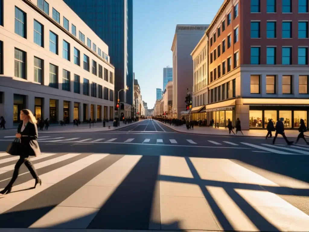 Una calle urbana bulliciosa al atardecer, con luz cálida y sombras largas de transeúntes