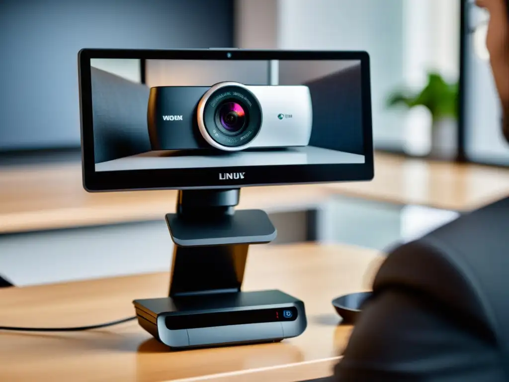 Una cámara web moderna captura una videoconferencia en Linux en un entorno profesional y eficiente