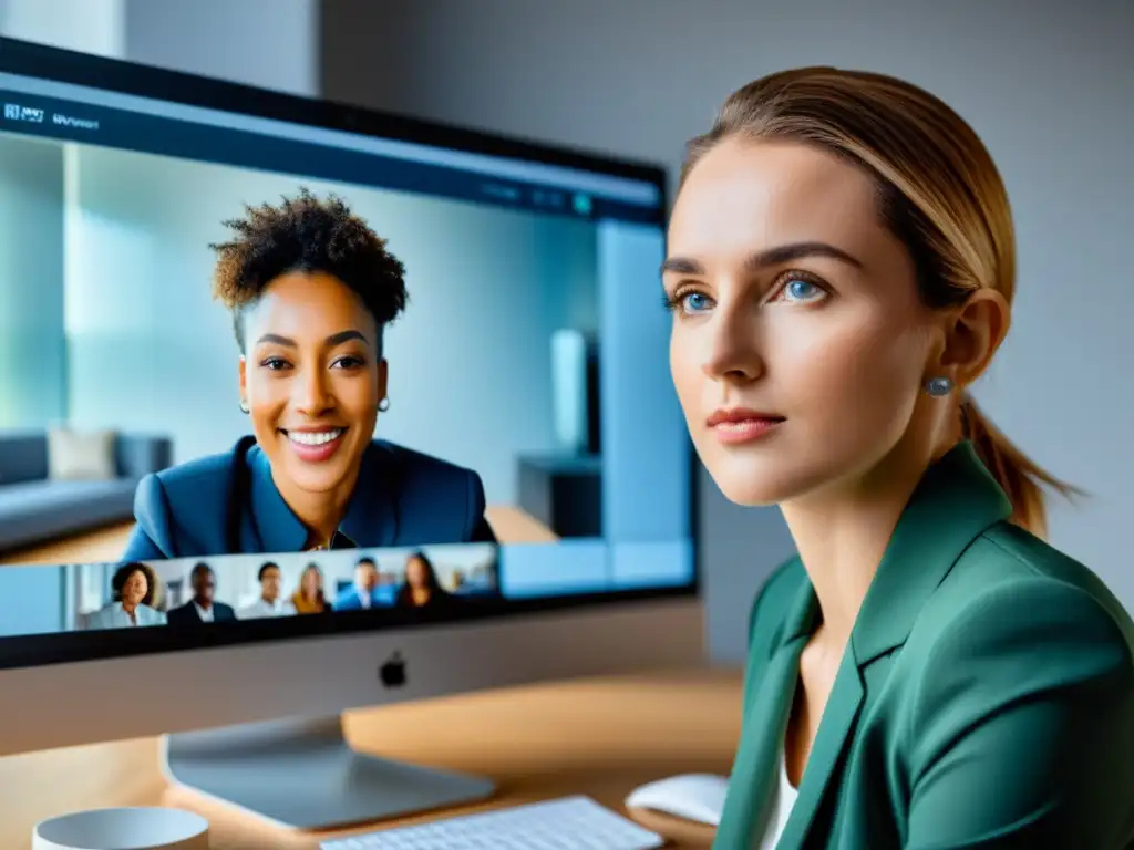 Una cámara web moderna en un monitor, capturando una videoconferencia nítida en un ambiente profesional y bien iluminado