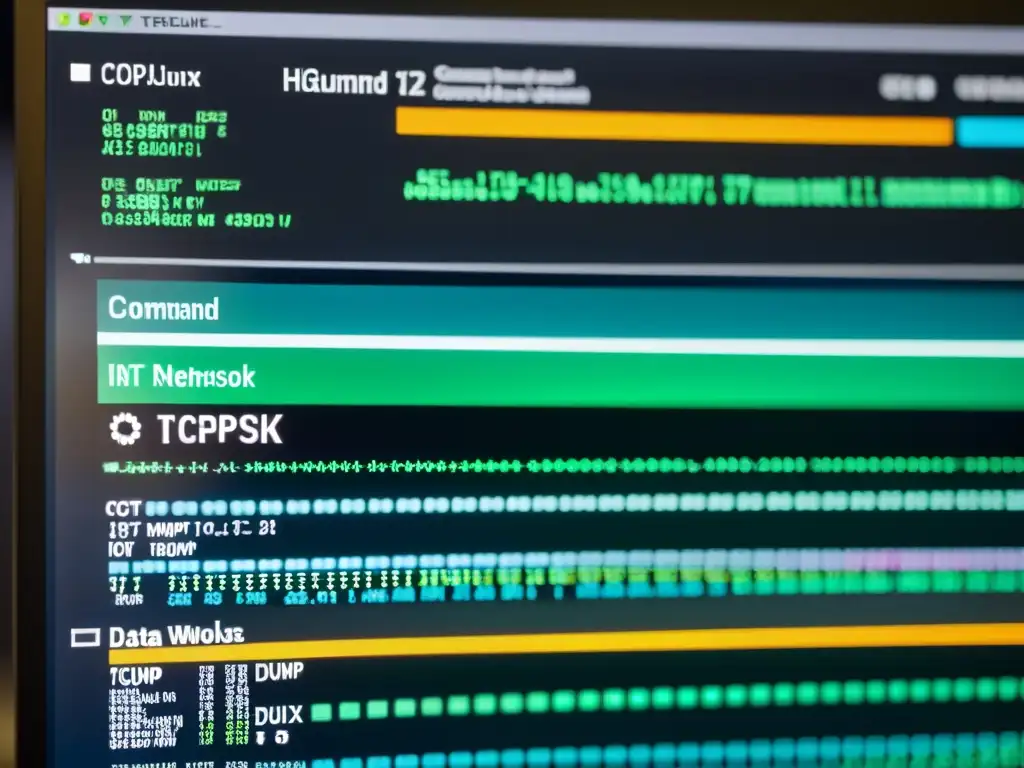 Captura de pantalla del análisis de tráfico en red en Linux, mostrando datos detallados y coloridos en la interfaz de línea de comandos