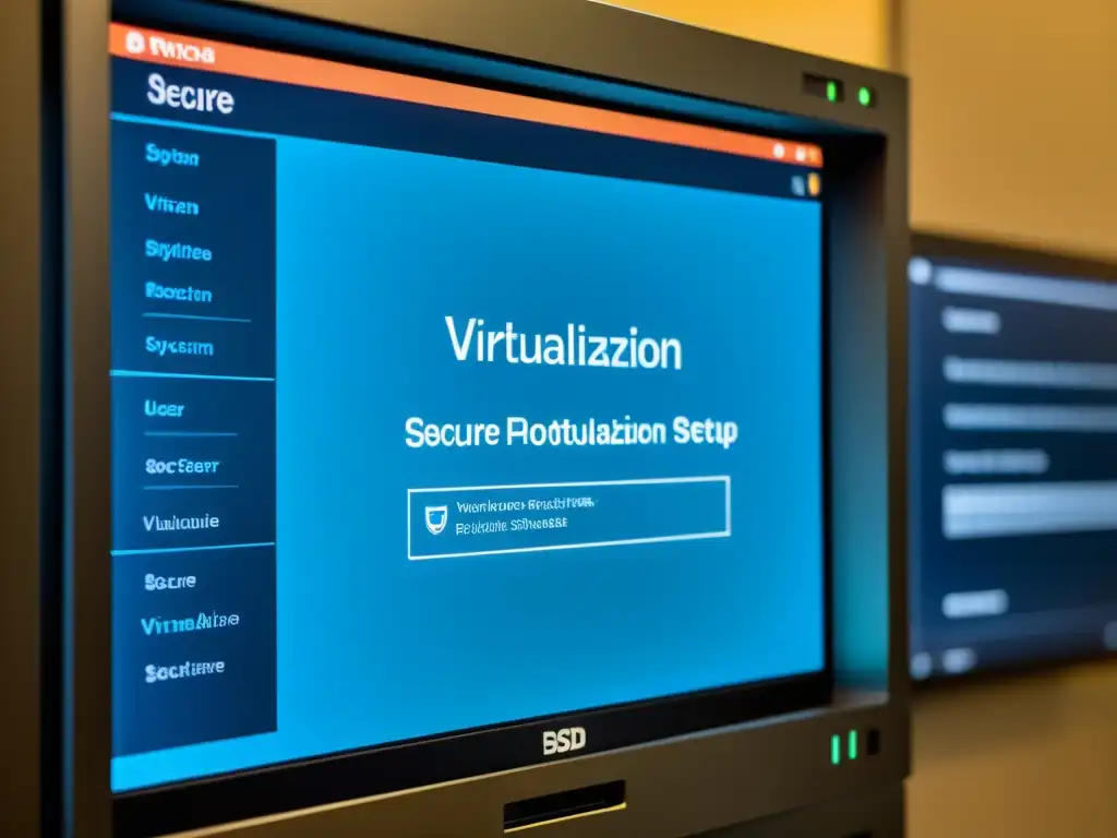 Captura de pantalla de virtualización segura en BSD con interfaz moderna y configuraciones detalladas de seguridad