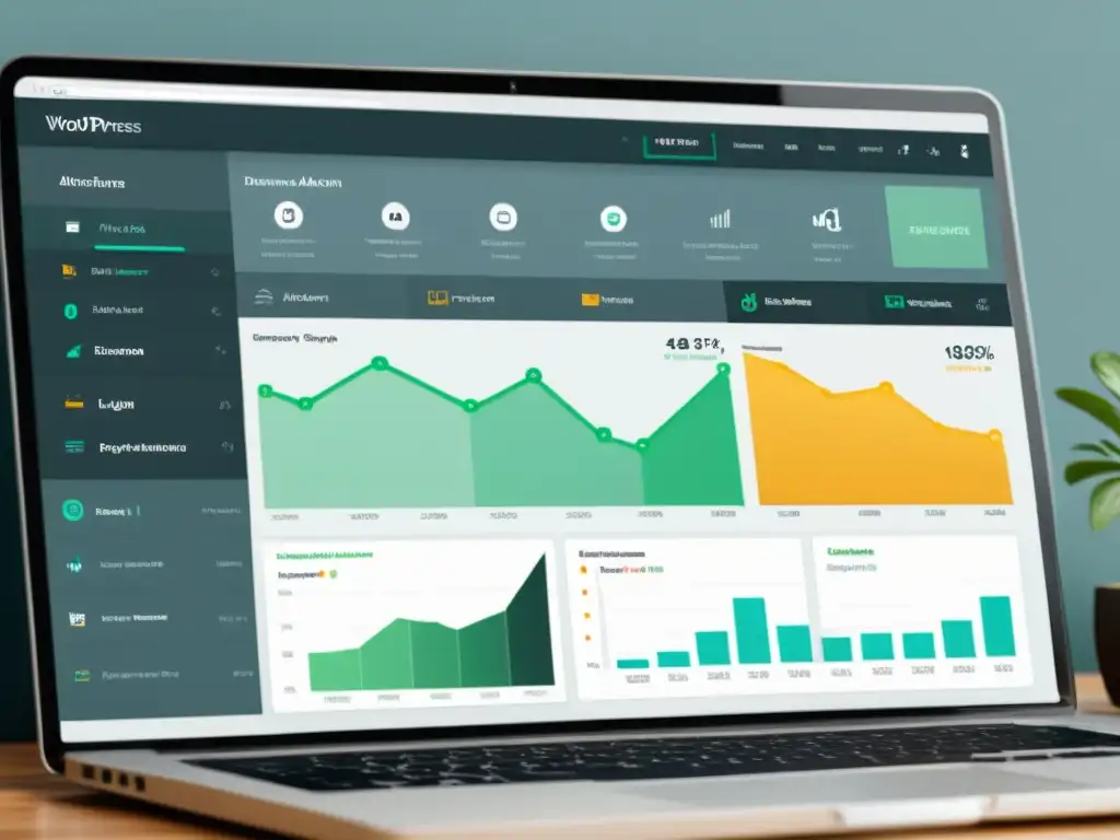 Dashboard de WordPress y plugins de automatización de marketing Captura de pantalla del panel de WordPress con plugins de automatización de marketing para Ecommerce, mostrando gráficos y tablas de rendimiento
