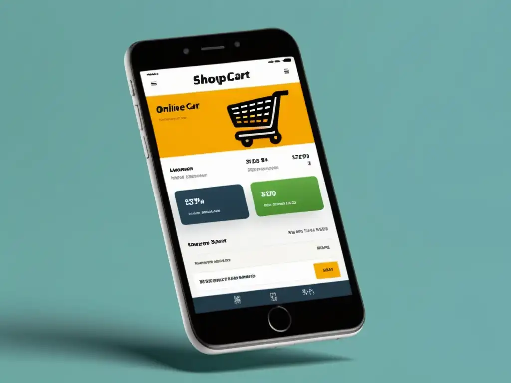Un carrito de compras en línea minimalista en un dispositivo móvil, con diseño moderno y opciones de plugins personalizables