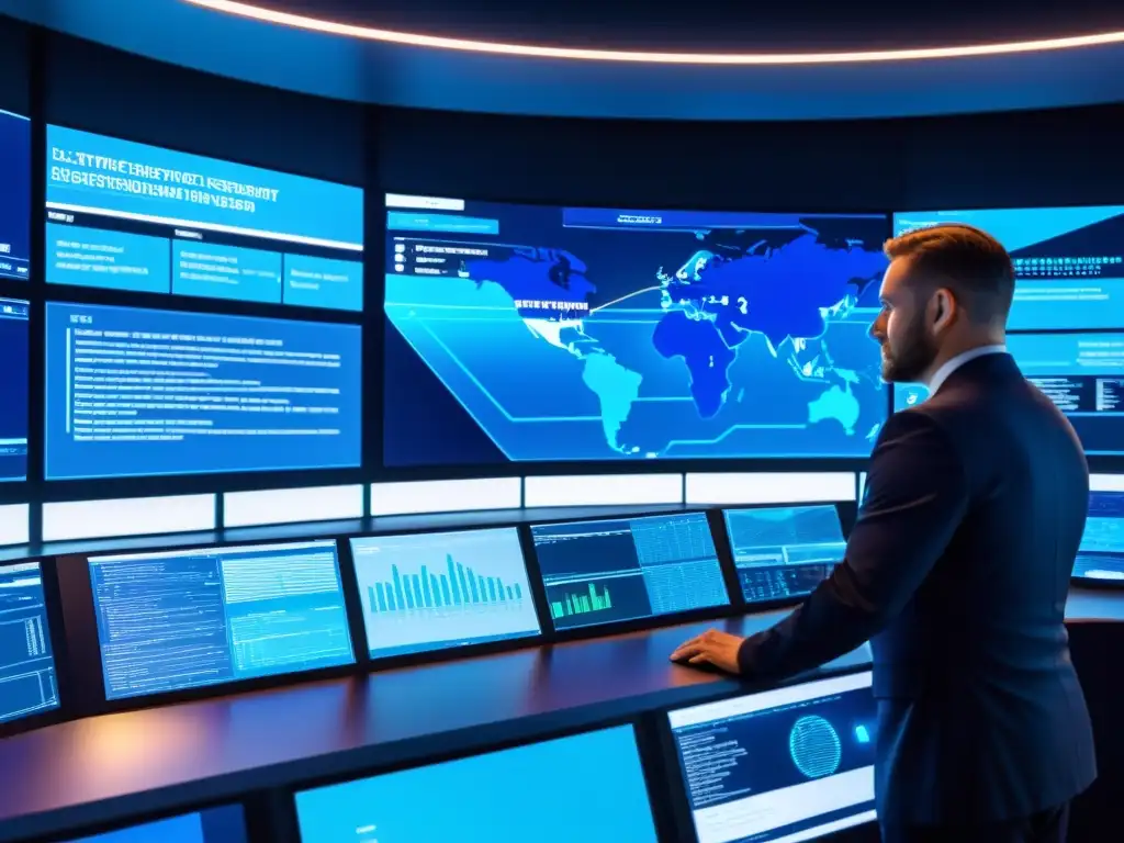 Un centro de comando de ciberseguridad futurista y elegante, con monitores mostrando visualizaciones de datos complejos