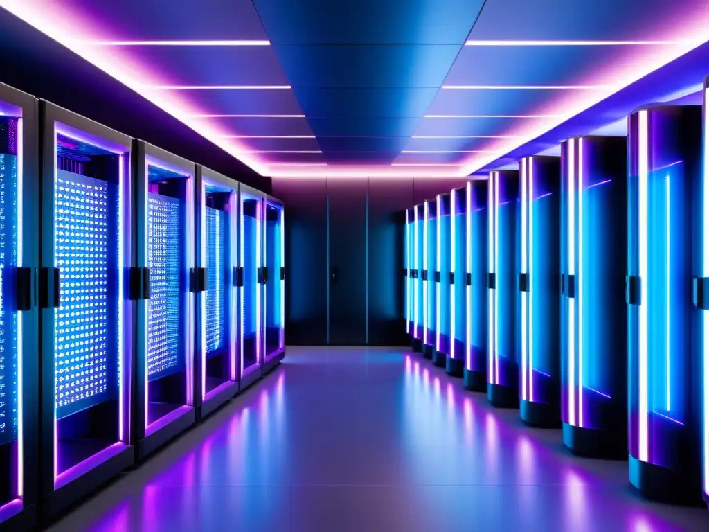 Un centro de datos futurista con supercomputadoras iluminadas en azul y púrpura, conectadas por cables de fibra óptica brillantes