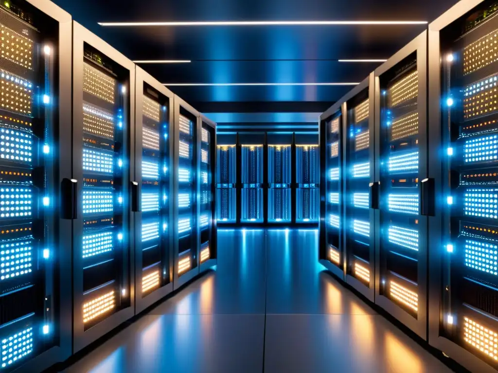 Un centro de datos moderno con un clúster de supercomputadoras interconectadas y luces parpadeantes