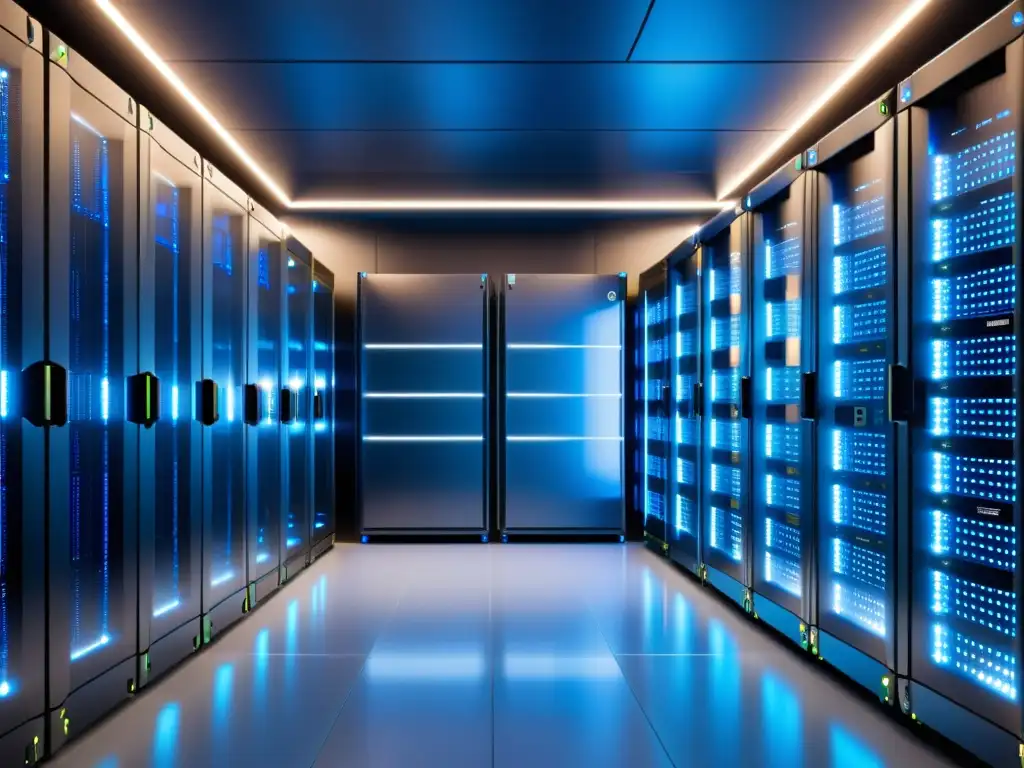 Un centro de datos moderno con servidores organizados en racks, iluminados por una suave luz azul