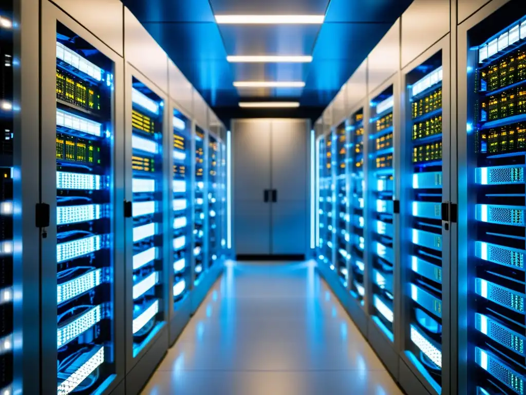 Data Center: Precisión Técnica y Fiabilidad Un centro de datos moderno con servidores y equipo de red organizado y encendido