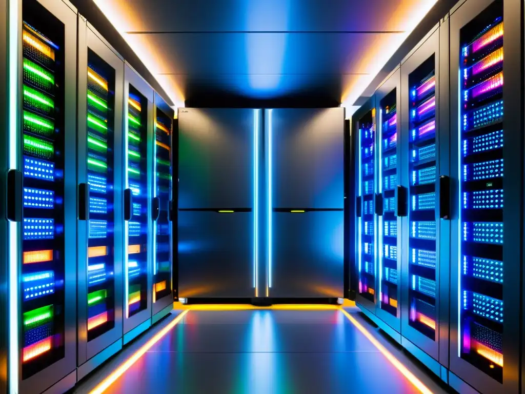 Un centro de datos ordenado y futurista con un elegante rack de servidores de alto rendimiento, indicadores luminosos y técnicas avanzadas de virtualización en sistemas alternativos