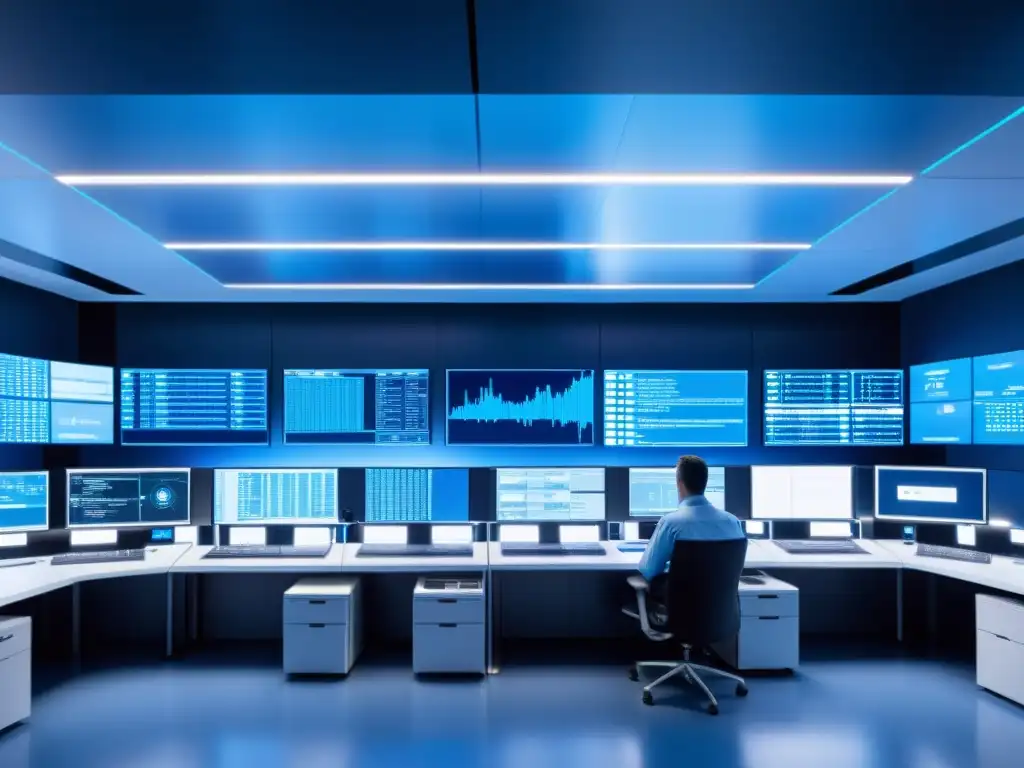 Sala de servidores futurista con tecnología de vanguardia Un centro de operaciones de red con servidores modernos y técnicos trabajando, bañado en luz azul que crea una atmósfera profesional