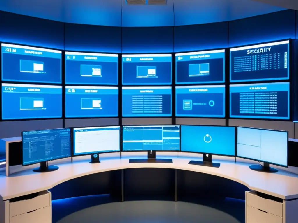 Un centro de seguridad de alta tecnología con monitores grandes mostrando datos en tiempo real sobre sistemas de seguridad Linux