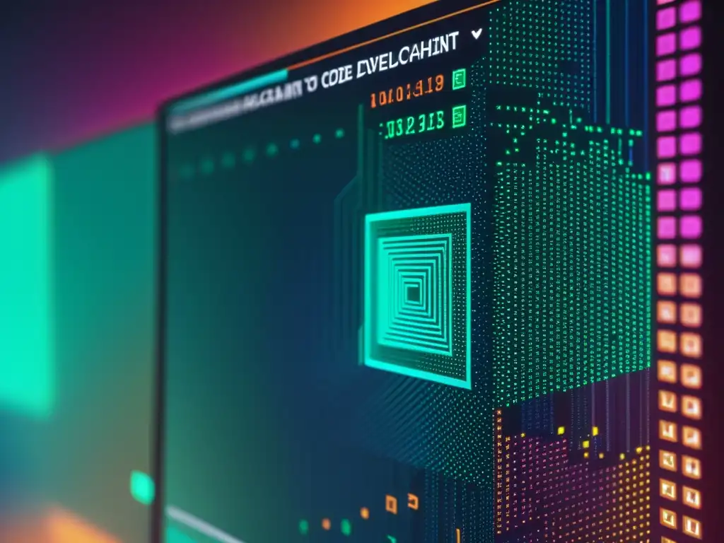 Closeup de código blockchain en pantalla de computadora con colores vibrantes y patrones intrincados, mostrando las ventajas de BSD para desarrolladores blockchain