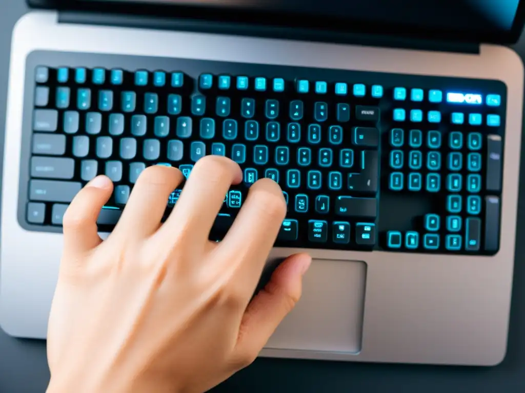 Closeup de manos de programador tecleando en un teclado moderno, rodeadas de líneas de código