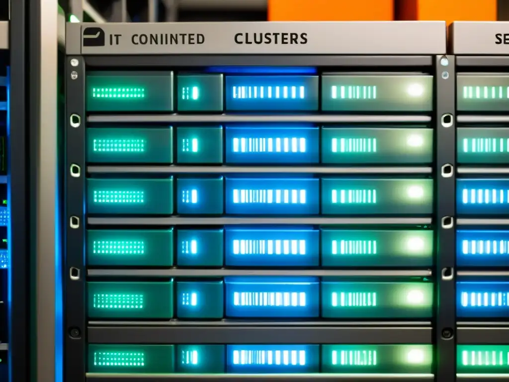 Clústeres de contenedores en Linux: Imagen impactante de un rack de servidores organizado y conectado, exudando precisión y confiabilidad tecnológica