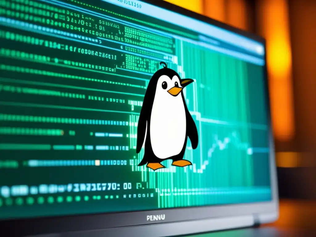 Un código de programación de código abierto en la pantalla de una computadora, con el logo del pingüino de Linux visible