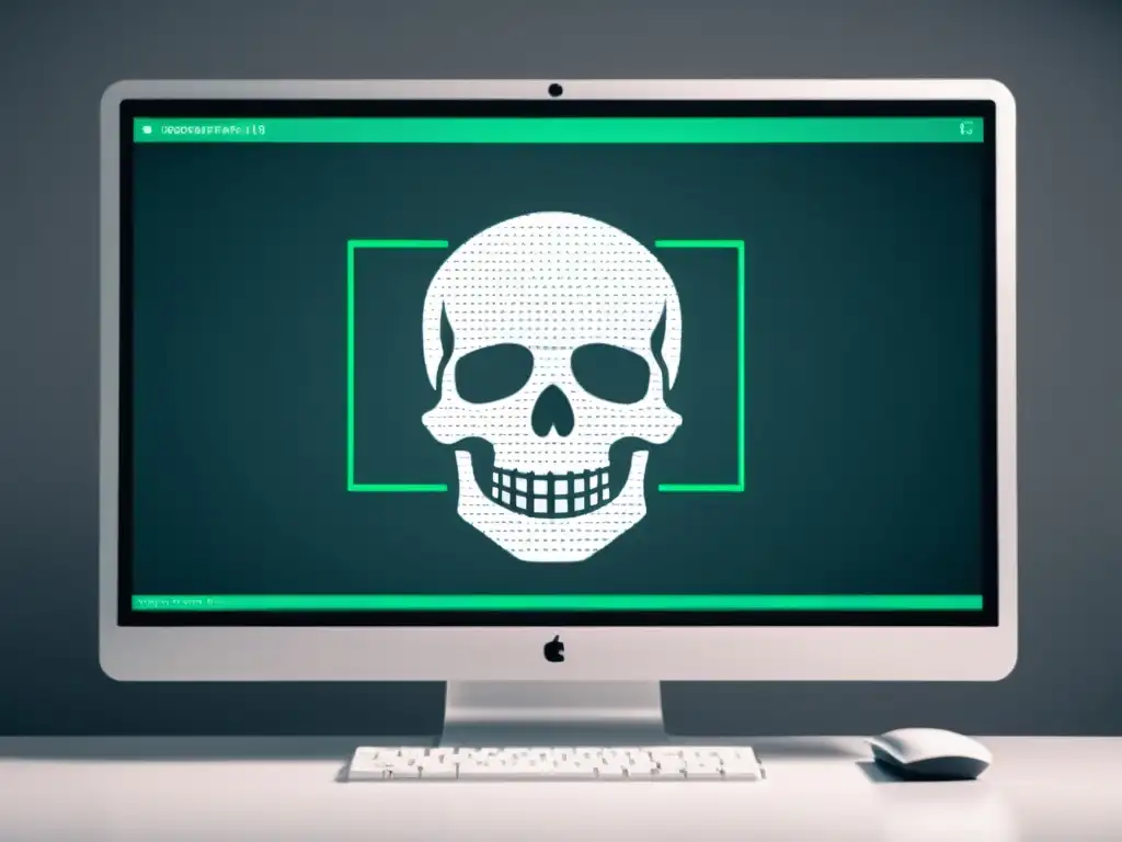 Un código sofisticado y un ícono de calavera contrastan en la pantalla, simbolizando la prevención de malware en BSD