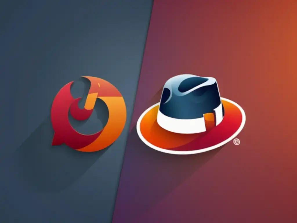 Comparativa de características entre Fedora y Ubuntu: Logos detallados en fondo minimalista, destacando diferencias visuales con precisión profesional