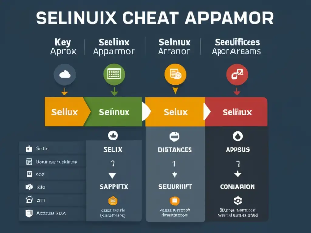 Comparativa detallada entre SELinux y AppArmor en un gráfico visualmente atractivo y fácil de leer, destacando las diferencias clave en seguridad