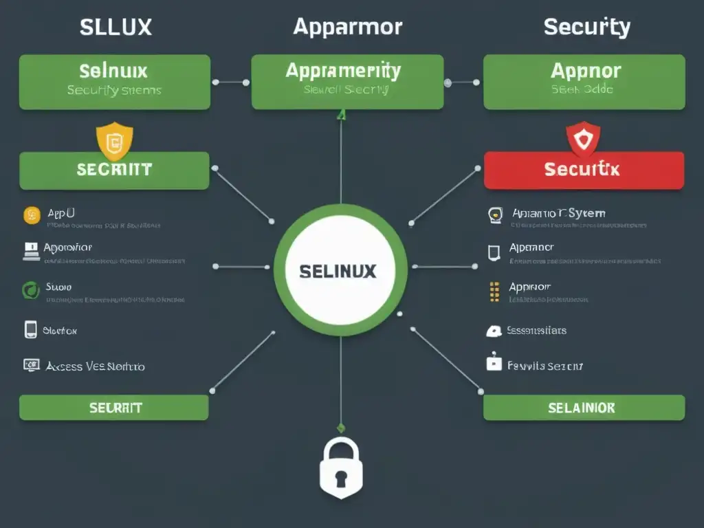 Comparativa SELinux vs AppArmor: Imagen documental de alta resolución que muestra una comparación detallada de ambos sistemas de seguridad en acción