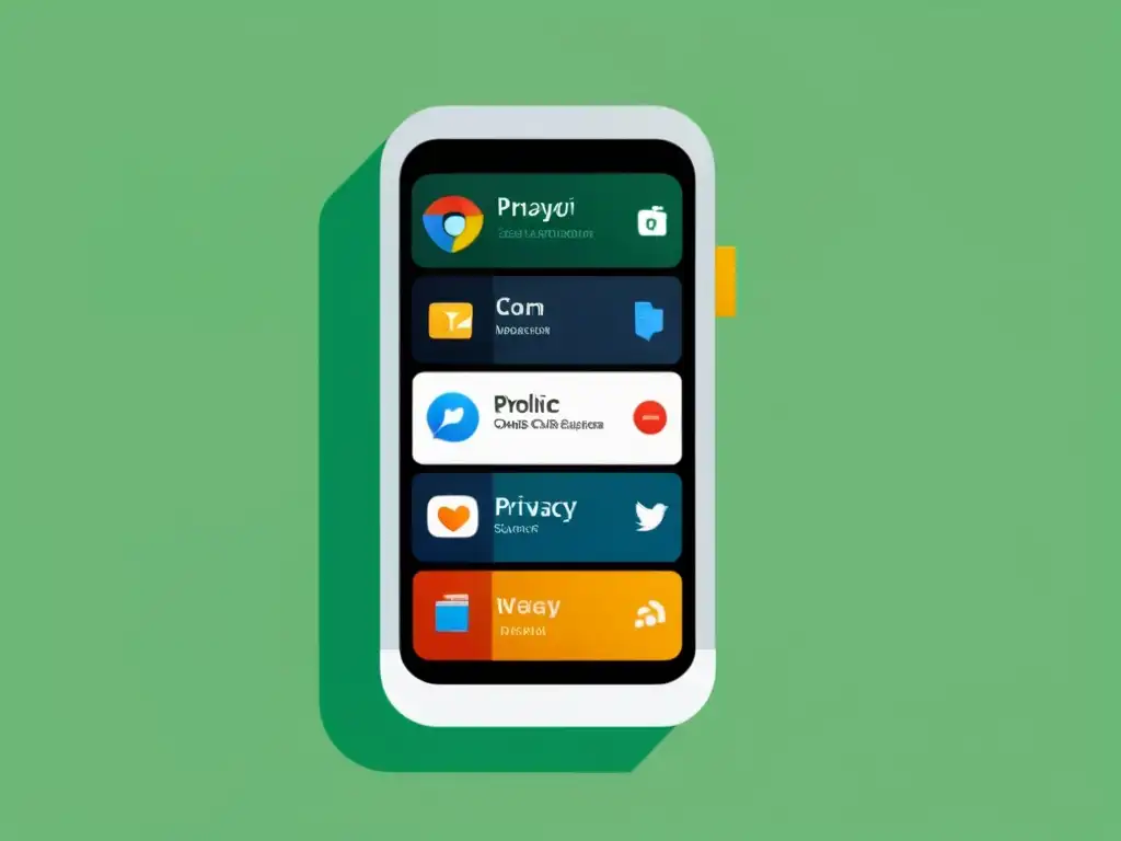 Comparativa de políticas de privacidad en sistemas móviles: pantalla de smartphone muestra distintas notificaciones de privacidad en app icons